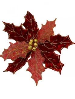 Hot Christmas Warehouse Red Glitter Felt Two Petal Style Poinsettia Christmas Flower Pick - 28Cm