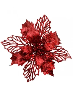 Online Christmas Warehouse Red Glitter Petal & Leaf Poinsettia Decorative Christmas Flower Pick - 18Cm