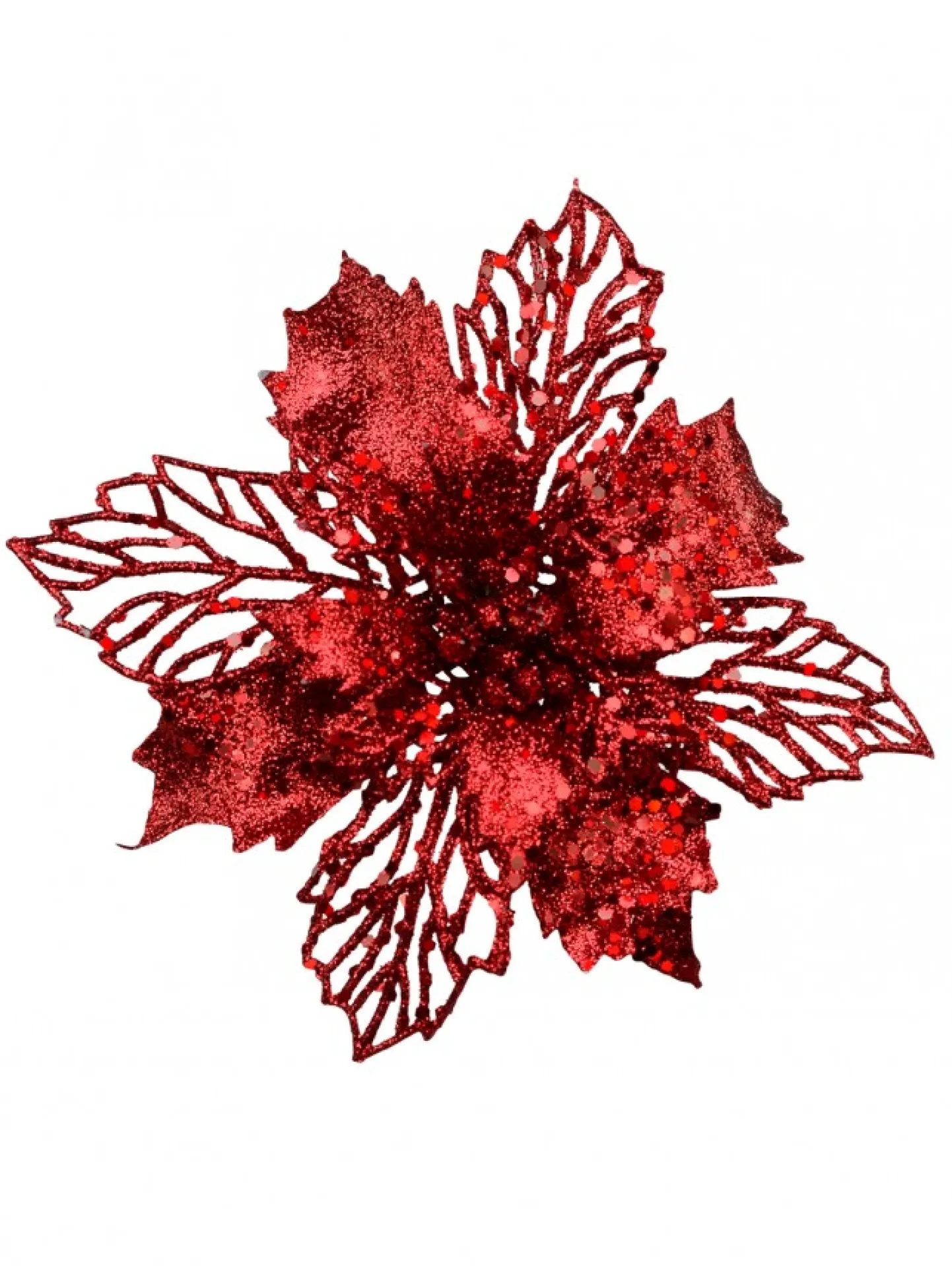 Online Christmas Warehouse Red Glitter Petal & Leaf Poinsettia Decorative Christmas Flower Pick - 18Cm
