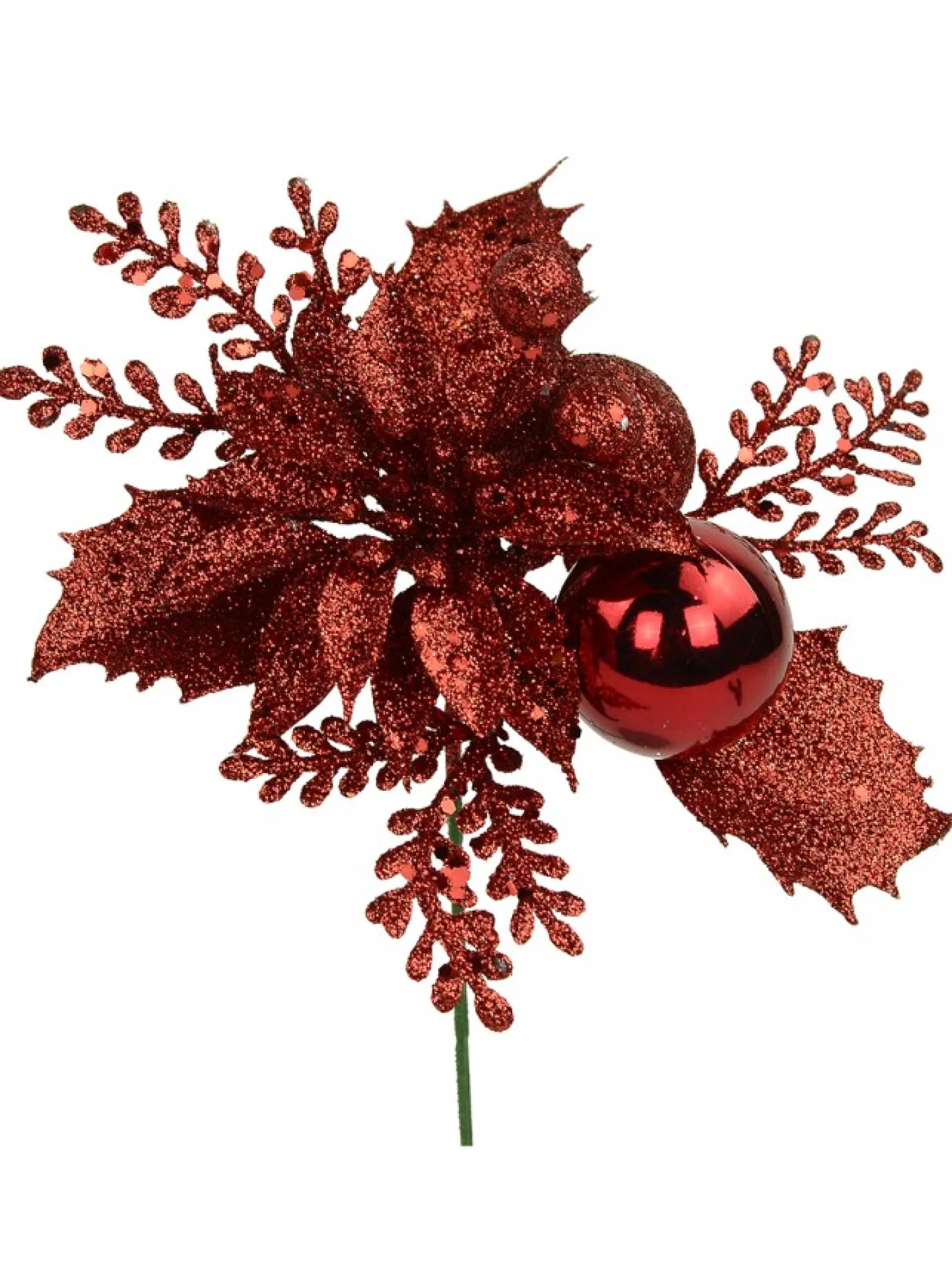 Hot Christmas Warehouse Red Glitter Poinsettia & Holly Leaf Decorative Christmas Flower Pick - 15Cm
