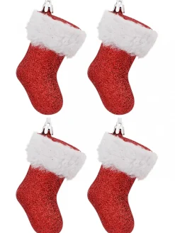 Online Christmas Warehouse Red Glitter With White Cuff Christmas Stocking Hanging Decoration - 4 X 10Cm