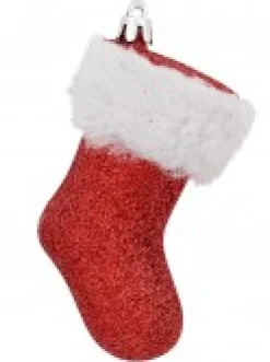 Online Christmas Warehouse Red Glitter With White Cuff Christmas Stocking Hanging Decoration - 4 X 10Cm