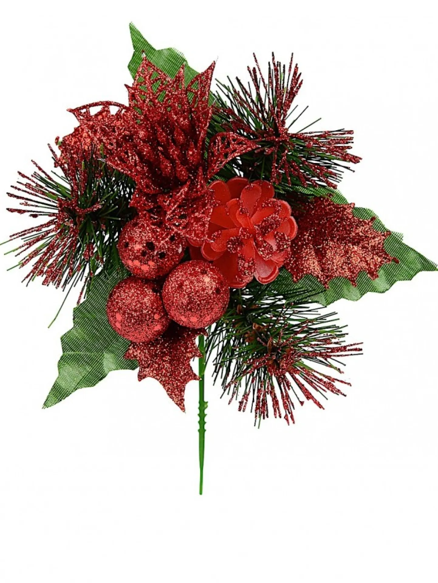 Flash Sale Christmas Warehouse Red Glittered Berry, Holly & Assorted Decorations Christmas Foliage Pick - 17Cm