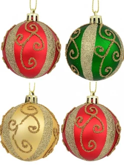Cheap Christmas Warehouse Red, Green & Gold Baubles With Gold Filigree Pattern & Thick Stripe - 6 X 60Mm