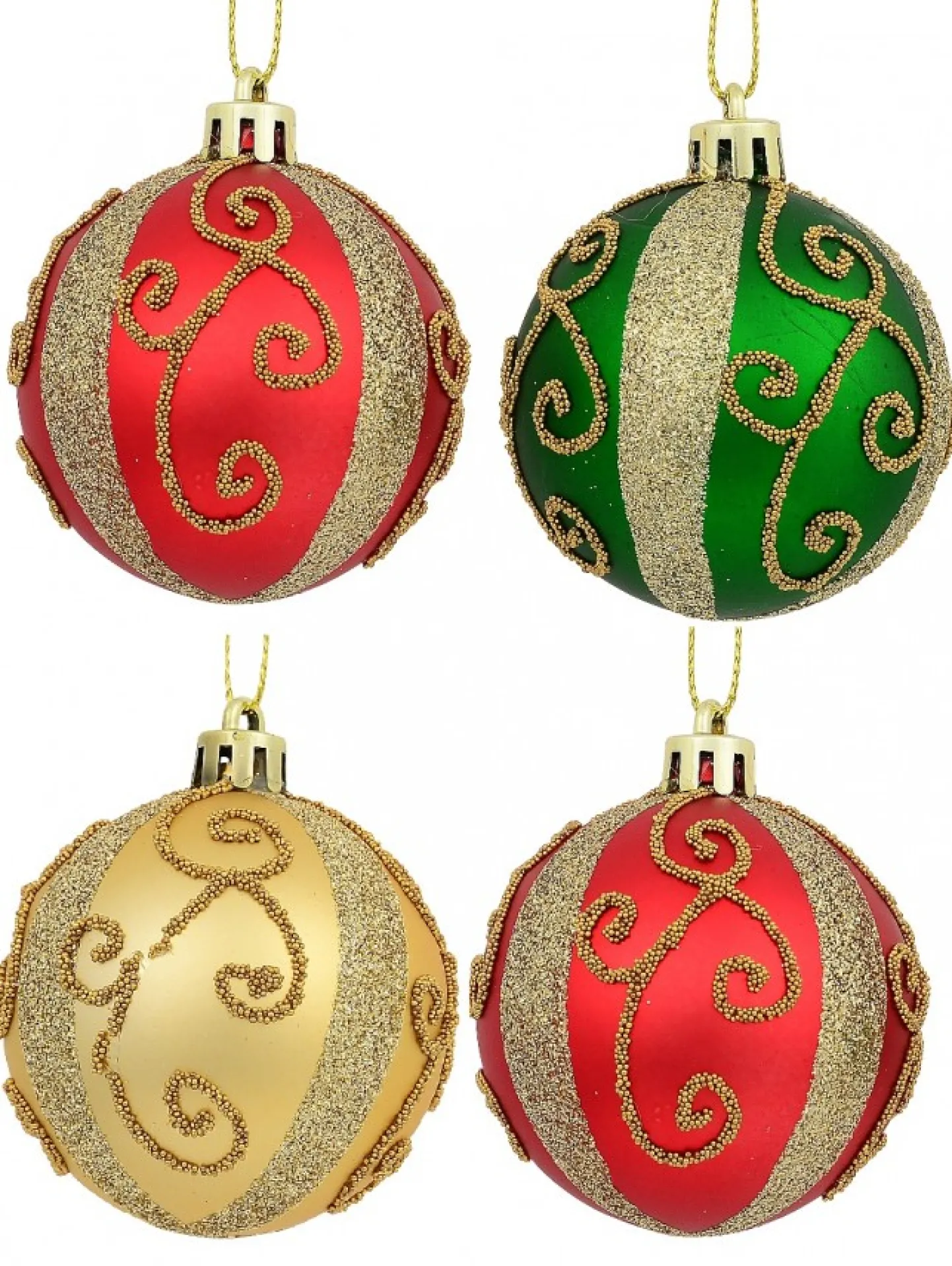 Cheap Christmas Warehouse Red, Green & Gold Baubles With Gold Filigree Pattern & Thick Stripe - 6 X 60Mm
