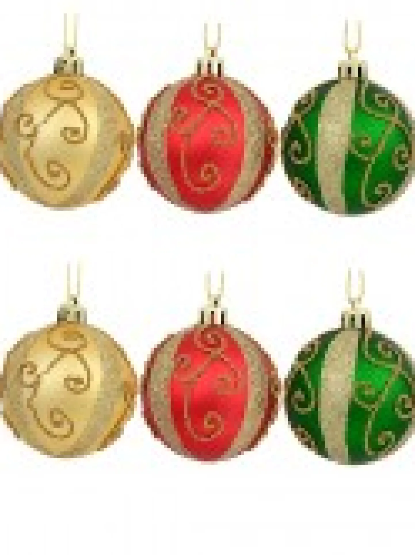 Cheap Christmas Warehouse Red, Green & Gold Baubles With Gold Filigree Pattern & Thick Stripe - 6 X 60Mm