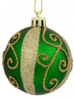 Cheap Christmas Warehouse Red, Green & Gold Baubles With Gold Filigree Pattern & Thick Stripe - 6 X 60Mm