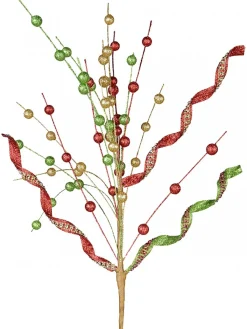 Sale Christmas Warehouse Red, Green & Gold Glitter Balls & Curls Decorative Christmas Spray Stem - 72Cm