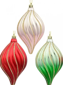 Shop Christmas Warehouse Red, Green & Pink Gradated Onion Baubles With Gold Stripes - 3 X 14Cm