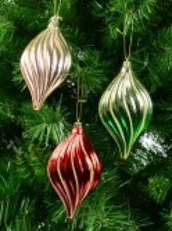 Shop Christmas Warehouse Red, Green & Pink Gradated Onion Baubles With Gold Stripes - 3 X 14Cm