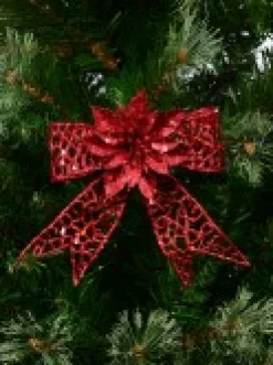 Clearance Christmas Warehouse Red Mesh Look Ribbon Bow & Poinsettia Christmas Decoration - 15Cm