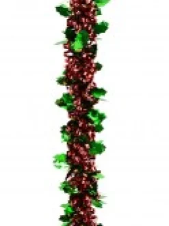Online Christmas Warehouse Red Ribbon Look & Green Holly Leaf Christmas Tinsel Garland - 2.7M