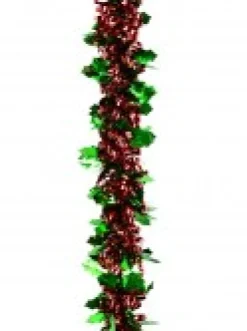 Online Christmas Warehouse Red Ribbon Look & Green Holly Leaf Christmas Tinsel Garland - 2.7M