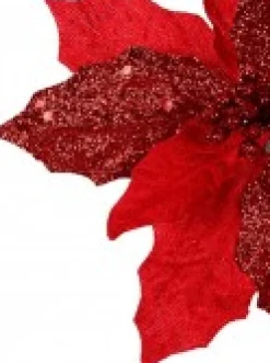 Cheap Christmas Warehouse Red Sequin & Fabric Petal Poinsettia Decorative Christmas Flower Pick - 15Cm