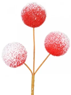 Online Christmas Warehouse Red With White Frost Pom Pom Snowballs Christmas Spray Pick - 24Cm