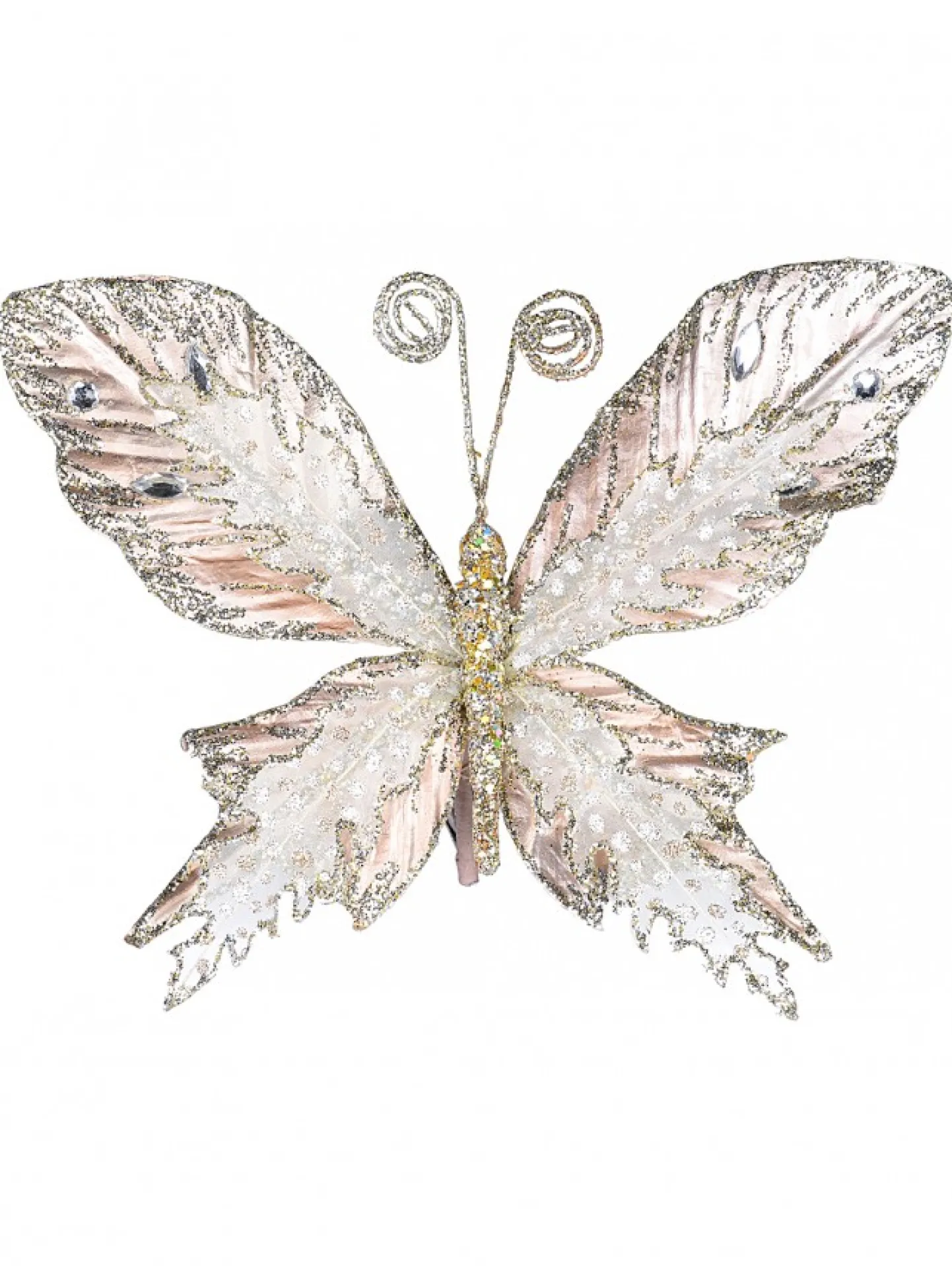 Fashion Christmas Warehouse Rose Gold Butterfly With Sheer Wings Decorative Christmas Critter Pick - 24Cm