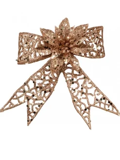 Best Christmas Warehouse Rose Gold Mesh Look Ribbon Bow & Poinsettia Christmas Decoration - 15Cm