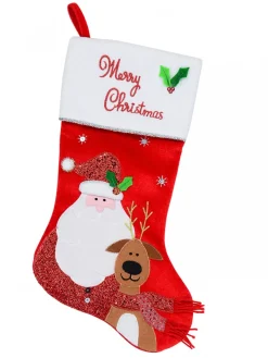 Shop Christmas Warehouse Santa & Reindeer Applique With Font & Holly Velvet Christmas Stocking - 48Cm