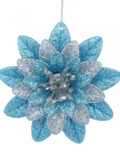 Best Christmas Warehouse Silver & Blue Glittered Lotus Flower Christmas Tree Hanging Decoration - 11Cm