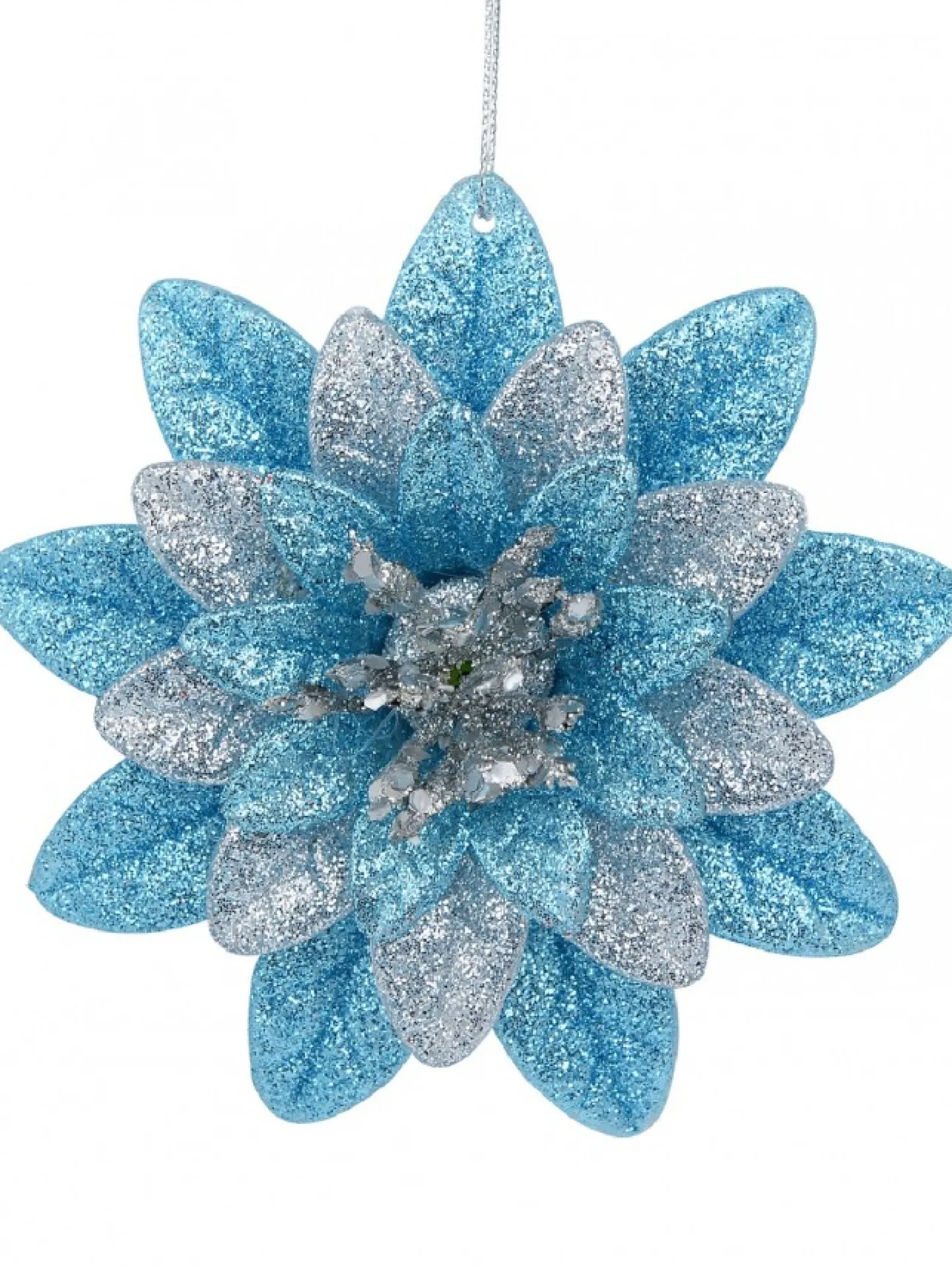 Best Christmas Warehouse Silver & Blue Glittered Lotus Flower Christmas Tree Hanging Decoration - 11Cm
