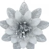 Clearance Christmas Warehouse Silver & White Glittered Lotus Flower Christmas Tree Hanging Decoration - 11Cm