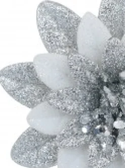 Clearance Christmas Warehouse Silver & White Glittered Lotus Flower Christmas Tree Hanging Decoration - 11Cm
