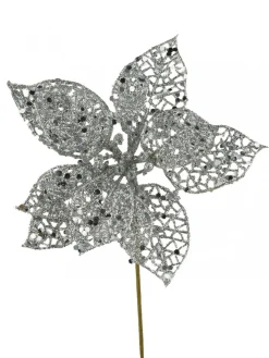 Sale Christmas Warehouse Silver Filigree Poinsettia Decorative Christmas Flower Pick - 17Cm