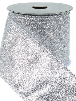Clearance Christmas Warehouse Silver Glitter & Flecks Christmas Ribbon With Silver Glitter Edging - 3M