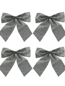 Cheap Christmas Warehouse Silver Glittered Christmas Tree Bow Decorations - 6 X 80Mm