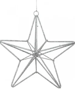 Online Christmas Warehouse Silver Glittered 3D Wire Framed Star Christmas Tree Hanging Decoration - 16Cm