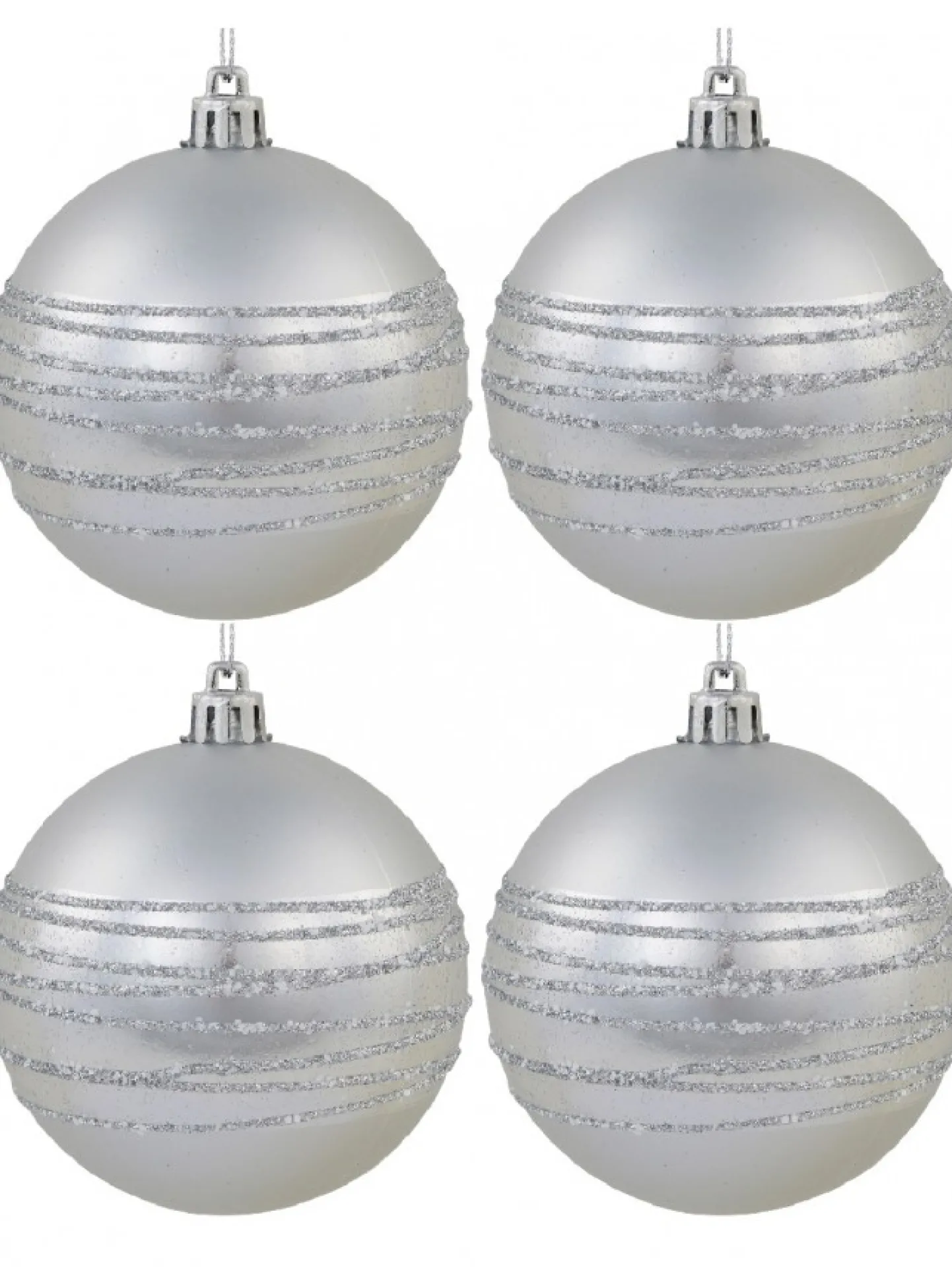 New Christmas Warehouse Silver Matte Baubles With Thick Shiny & Thin Glittered Stripes - 4 X 80Mm