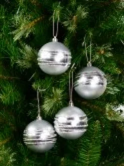 New Christmas Warehouse Silver Matte Baubles With Thick Shiny & Thin Glittered Stripes - 4 X 80Mm