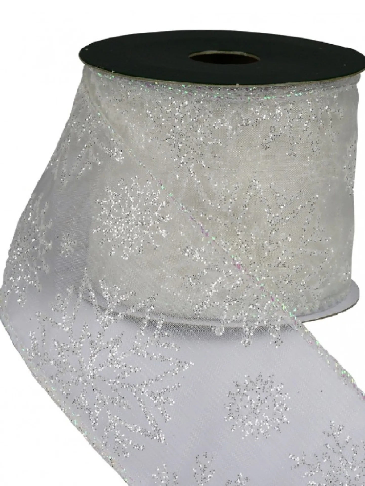Best Christmas Warehouse Snowflake Pattern On Sheer White Christmas Ribbon With White Edging - 3M