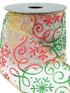 Online Christmas Warehouse Snowflakes & Swirl Patterns On Sheer Christmas Ribbon With Gold Edging - 3M
