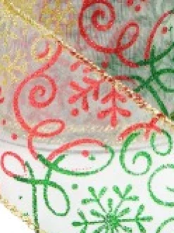 Online Christmas Warehouse Snowflakes & Swirl Patterns On Sheer Christmas Ribbon With Gold Edging - 3M