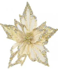 Discount Christmas Warehouse Soft Gold Poinsettia With Diamantes Decorative Christmas Flower Pick - 23Cm