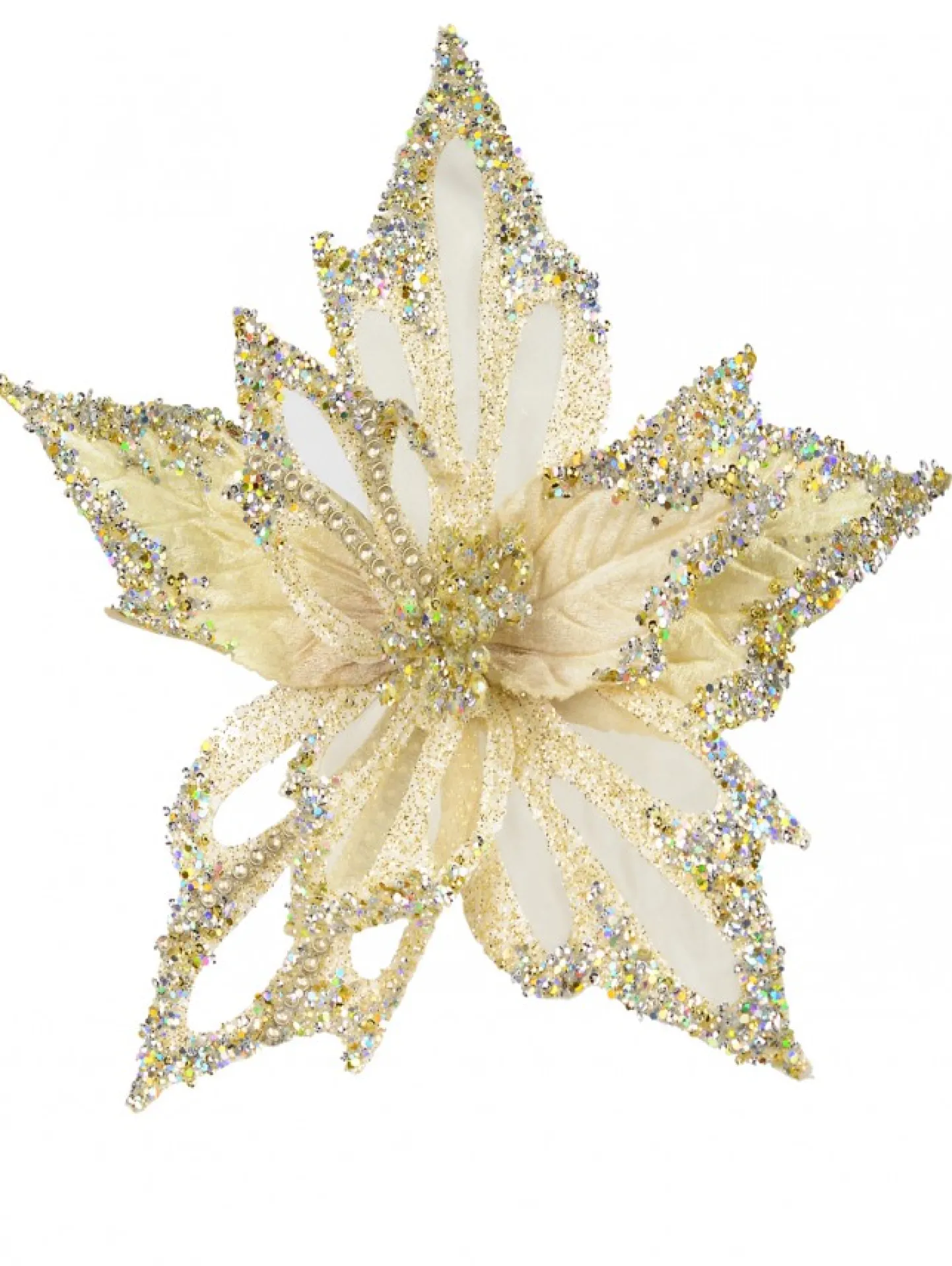 Discount Christmas Warehouse Soft Gold Poinsettia With Diamantes Decorative Christmas Flower Pick - 23Cm