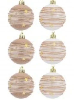 Clearance Christmas Warehouse Taupe, White & Clear Baubles With Gold Stars & Glitter Lines - 6 X 60Mm
