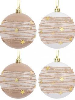 Cheap Christmas Warehouse Taupe, White & Clear Baubles With Gold Stars & Glitter Lines - 4 X 80Mm