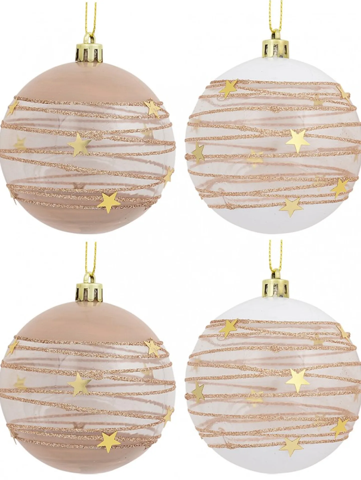 Cheap Christmas Warehouse Taupe, White & Clear Baubles With Gold Stars & Glitter Lines - 4 X 80Mm