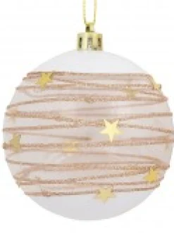 Cheap Christmas Warehouse Taupe, White & Clear Baubles With Gold Stars & Glitter Lines - 4 X 80Mm