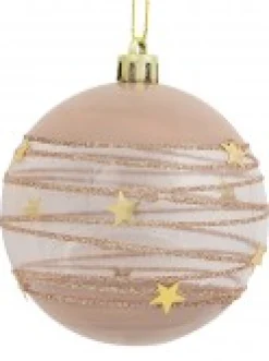 Cheap Christmas Warehouse Taupe, White & Clear Baubles With Gold Stars & Glitter Lines - 4 X 80Mm