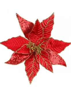 Cheap Christmas Warehouse Three Style Red & Gold Glitter Poinsettia Christmas Flower Pick - 28Cm