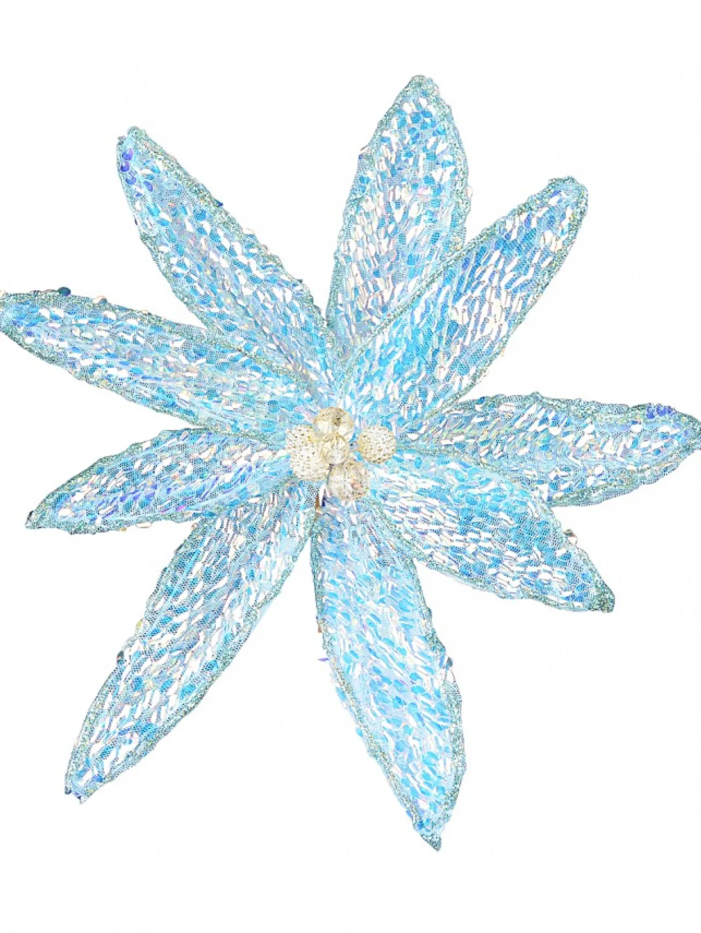 Best Christmas Warehouse Turquoise Poinsettia With Iridescent Sequins Christmas Flower Pick - 26Cm
