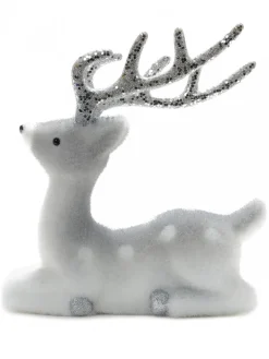 Clearance Christmas Warehouse White & Silver Glittered Flocked Sitting Christmas Reindeer Ornament - 24Cm