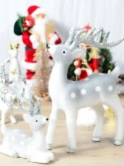 Clearance Christmas Warehouse White & Silver Glittered Flocked Sitting Christmas Reindeer Ornament - 24Cm