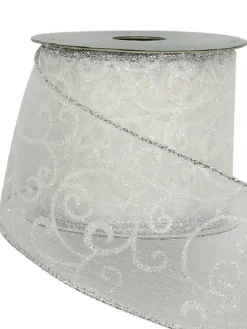 Outlet Christmas Warehouse White Filigree Pattern Organza Christmas Ribbon With Silver Edging - 3M