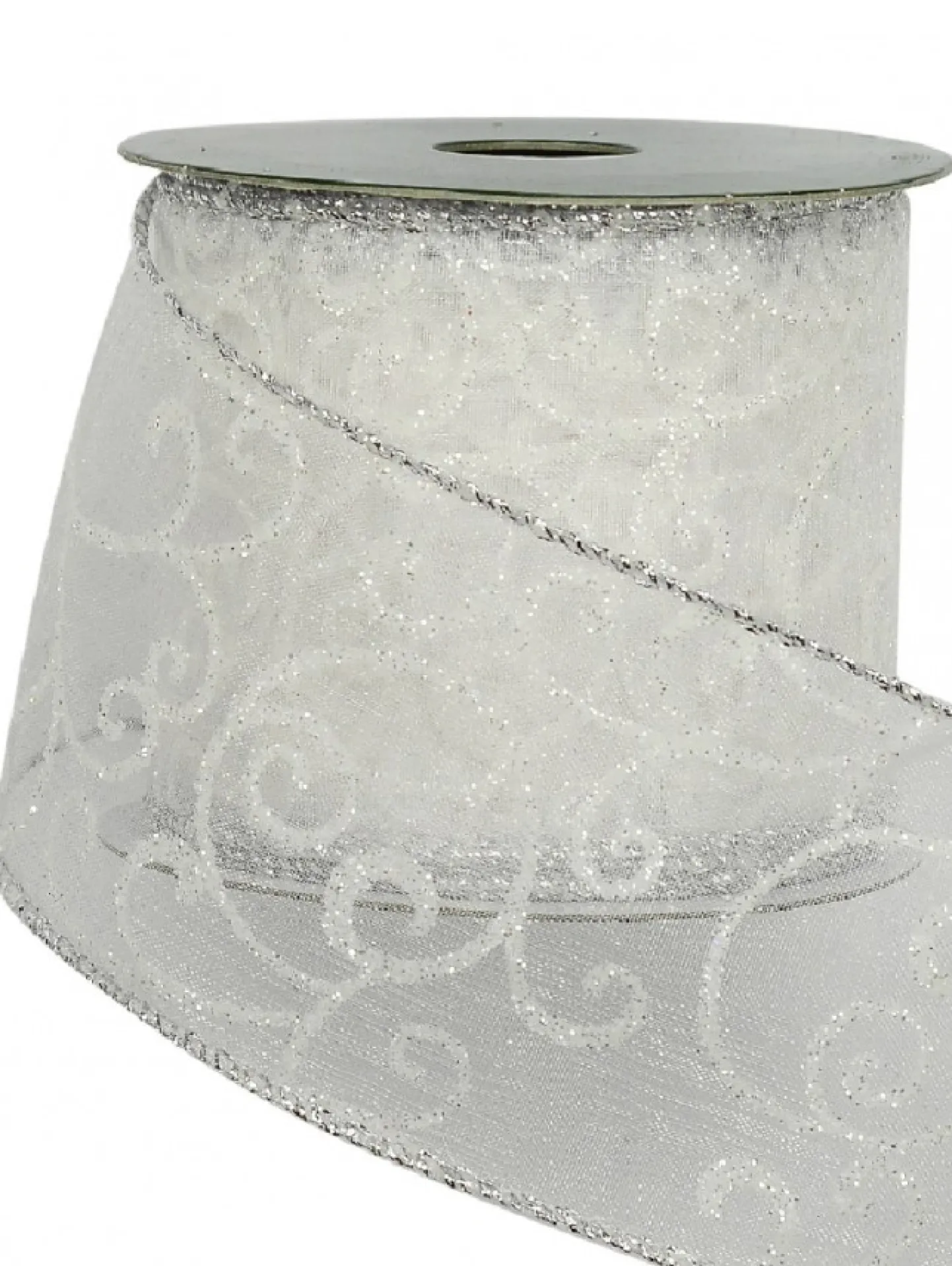 Outlet Christmas Warehouse White Filigree Pattern Organza Christmas Ribbon With Silver Edging - 3M