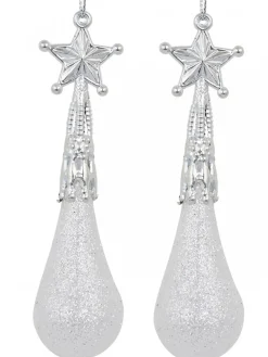 New Christmas Warehouse White Glittered Teardrop Christmas Tree Hanging Decorations - 8 X 11Cm