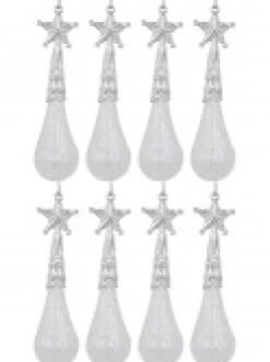 New Christmas Warehouse White Glittered Teardrop Christmas Tree Hanging Decorations - 8 X 11Cm